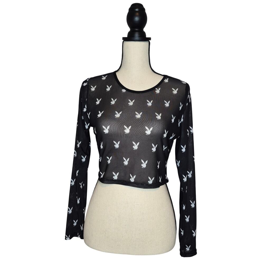 Playboy Bunny All Over Print Mesh Long Sleeve Crop Top Sheer Black Y2K Shirt XL